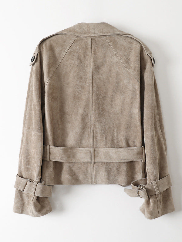 Back view of a Vintage Belted Shearling Suede Jacket in soft taupe color