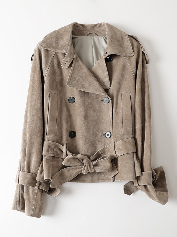 Vintage Belted Shearling Suede Jacket in taupe with double-breasted design and detachable belt