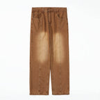 Pantaloni drepți vintage prespălați maro cu aspect decolorat pe coapse cusături centrale și buzunare frontale