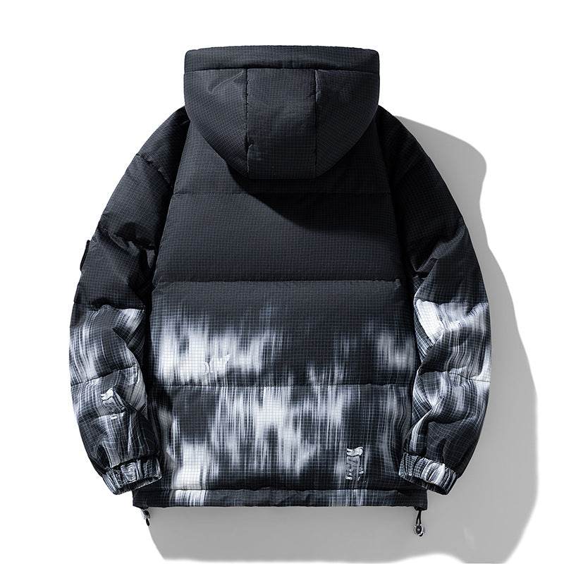 Back view of a Warm Arctic Mountain Jacket featuring a puffy design and stylish gradient pattern