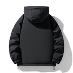 Back view of a black AM Vision RO warm jacket with multiple pockets and a cozy hood