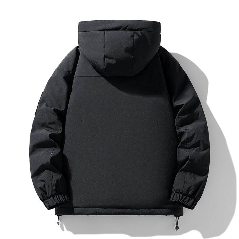 Back view of a black AM Vision RO warm jacket with multiple pockets and a cozy hood