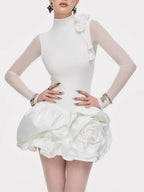 White Dress With 3D Flowers And Voluminous Skirt from AM Vision RO, featuring sheer sleeves and floral detailing.