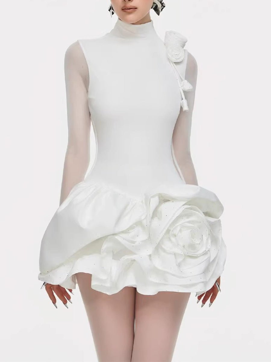 Elegant White Dress With 3D Flowers And Voluminous Skirt for special occasions or fashion events