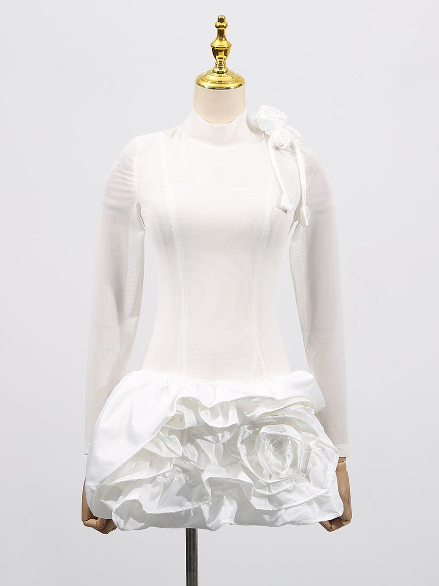 Chic White Dress With 3D Flowers And Voluminous Skirt, perfect for special occasions or summer events
