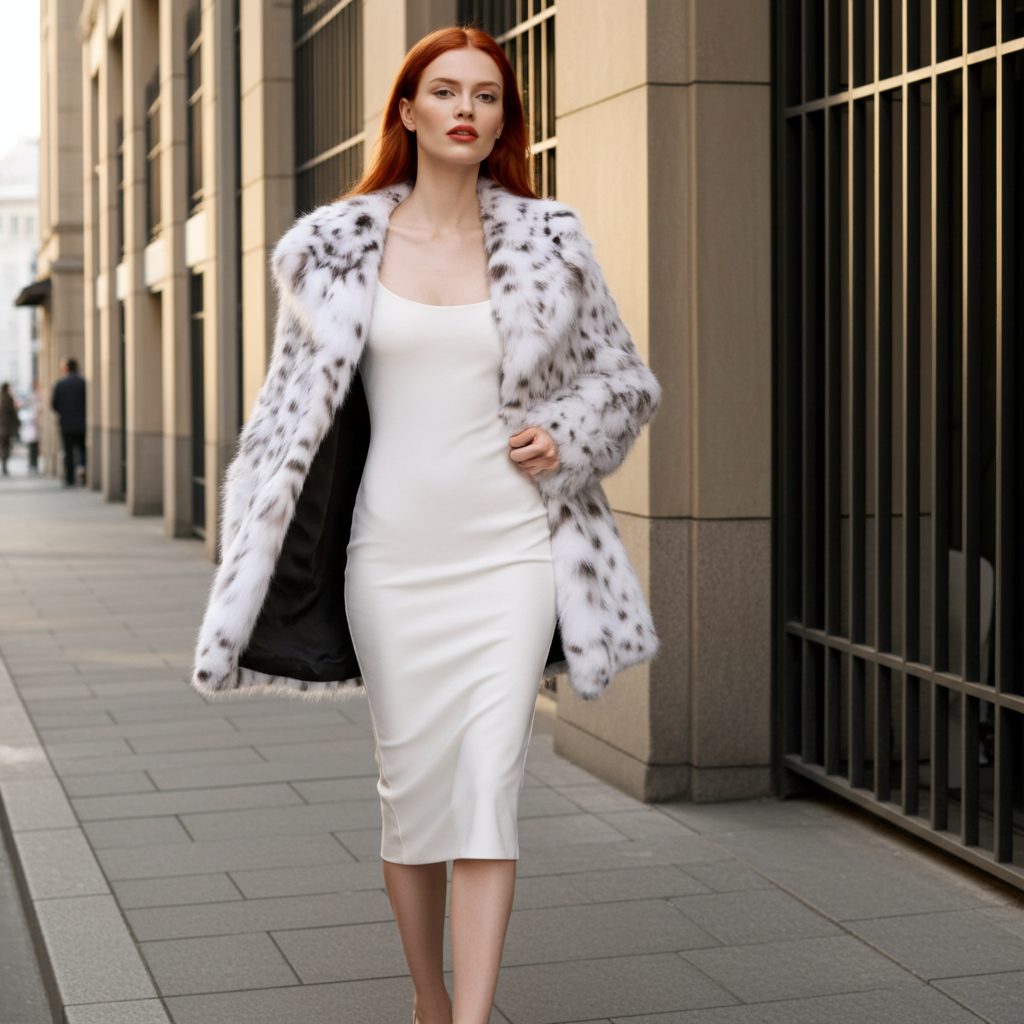 Elegant model wearing a White Luxe Lynx Coat over a fitted white dress on a city sidewalk