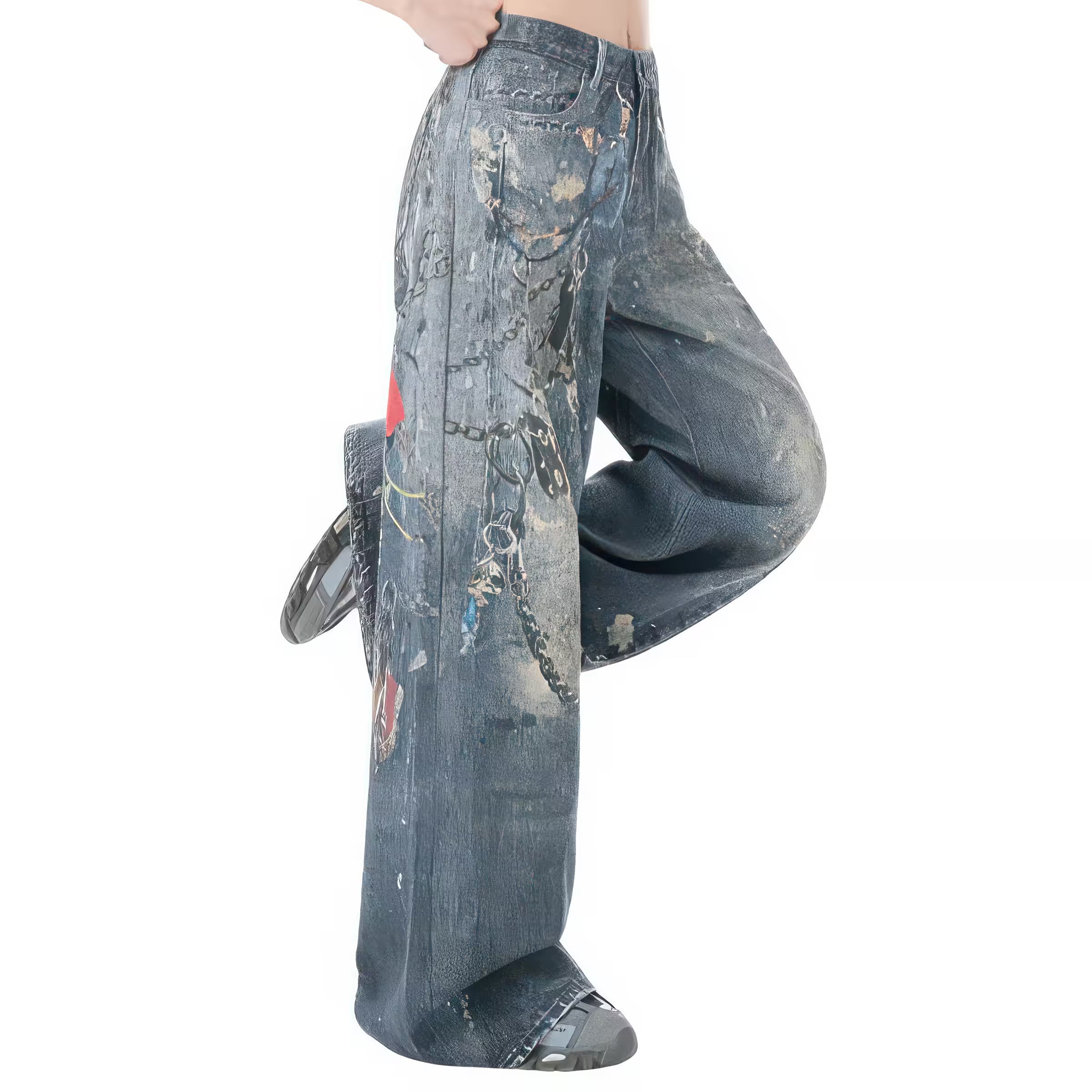AM Vision RO Wide Jeans with 3D CHAINS Print featuring a unique artistic design and relaxed fit