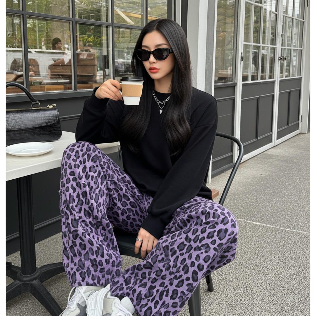 Model wearing Wild Urban Leopard Cargo Pants with a black top and sunglasses while holding a coffee