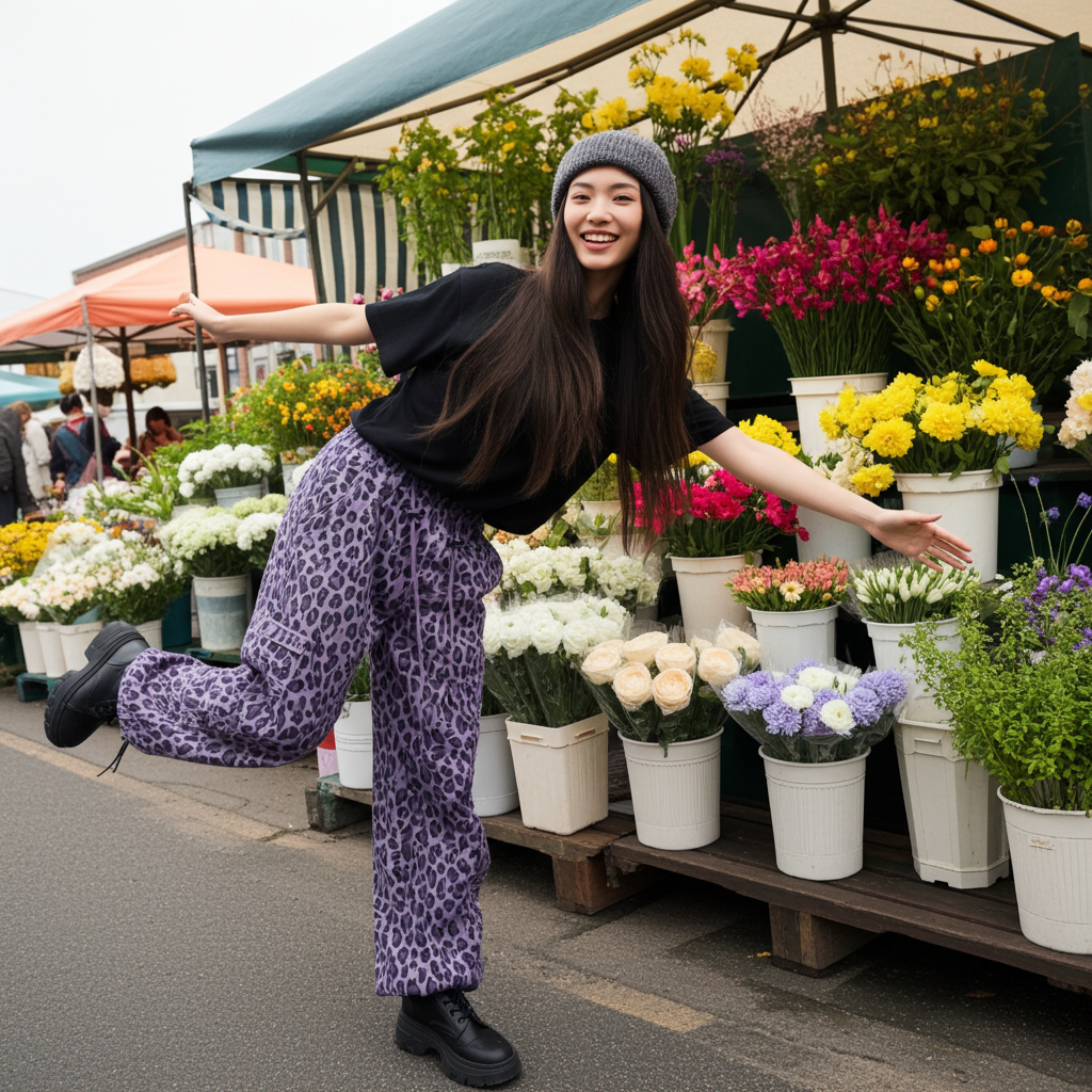 Fashionable model wearing Wild Urban Leopard Cargo Pants while posing at a flower market
