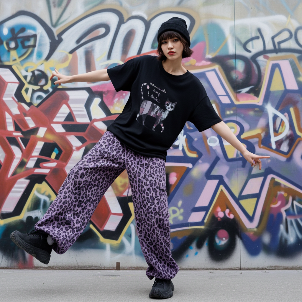 Model wearing Wild Urban Leopard Cargo Pants with a black graphic t-shirt against a colorful graffiti background