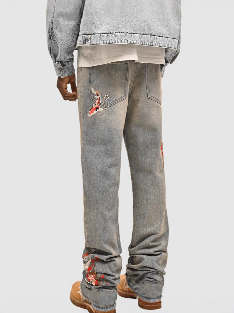 Wildflight Embroidered Jeans featuring unique floral designs and a relaxed fit for a trendy look