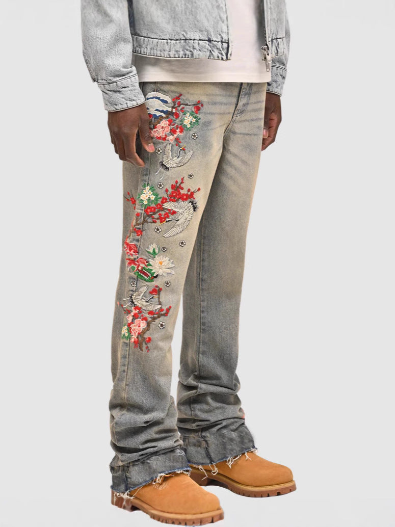 Men's Wildflight Embroidered Jeans with Colorful Floral Designs and a Relaxed Fit