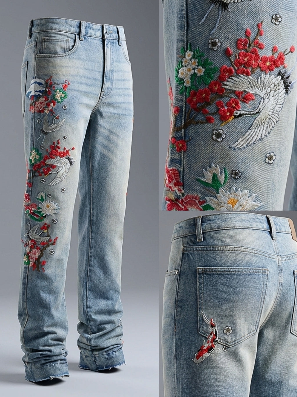 Wildflight Embroidered Jeans featuring colorful floral and bird designs on light blue denim
