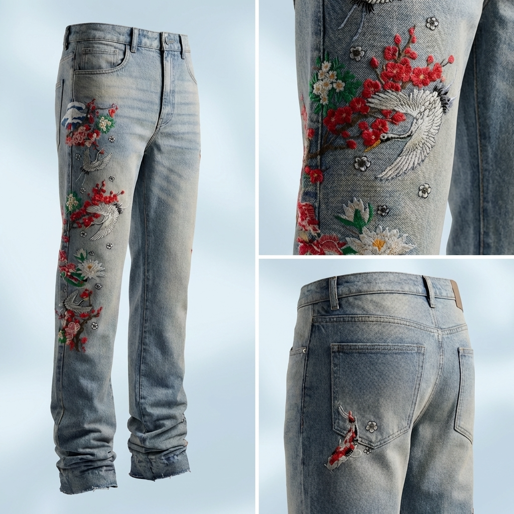 Wildflight Embroidered Jeans featuring intricate floral and bird designs on stylish denim
