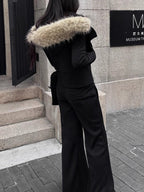 Winter Cinched Quilted Hoodie Jacket with Faux Fur Hood in Stylish Black for Cold Weather Fashion