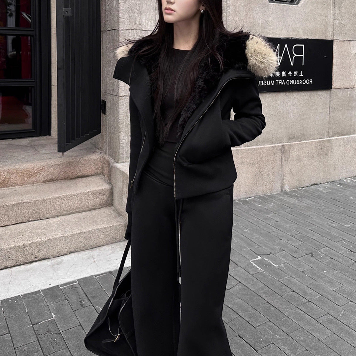 AM Vision RO Winter Cinched Quilted Hoodie Jacket with Fur Trim for Stylish Warmth