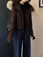 AM Vision RO Winter Cinched Quilted Hoodie Jacket in Brown with Faux Fur Trim for Stylish Warmth