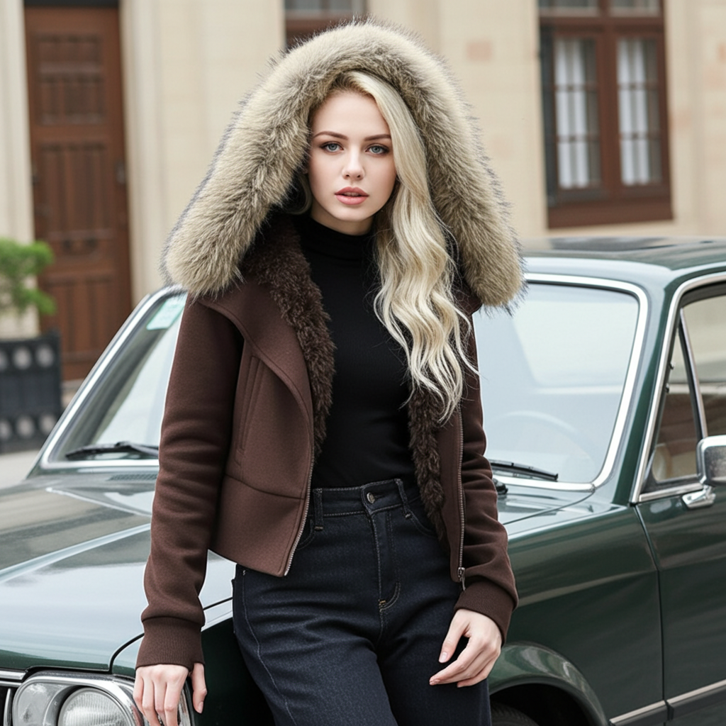 AM Vision RO Winter Cinched Quilted Hoodie Jacket with Faux Fur Hood for Stylish Cold Weather Wear