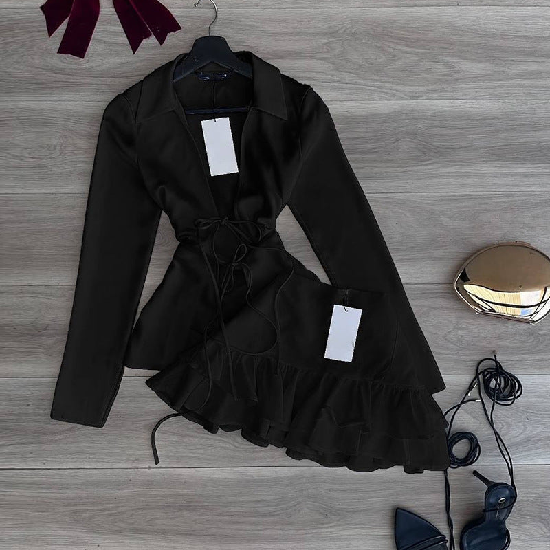 Stylish Women Lapel Tie Shirt Ruffle Skirt Set in Black for a Chic and Elegant Look