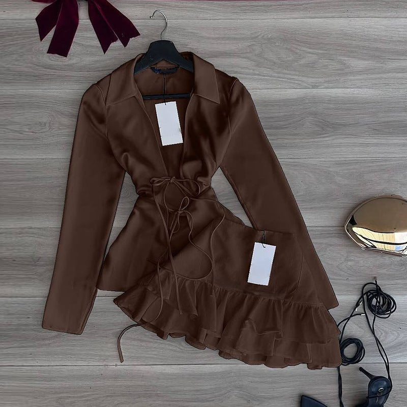 Women Lapel Tie Shirt Ruffle Skirt Set in Brown with Flowy Design and Trendy Silhouette