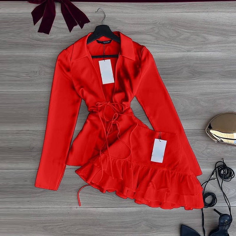 Women Lapel Tie Shirt Ruffle Skirt Set in vibrant red with a stylish design and modern silhouette