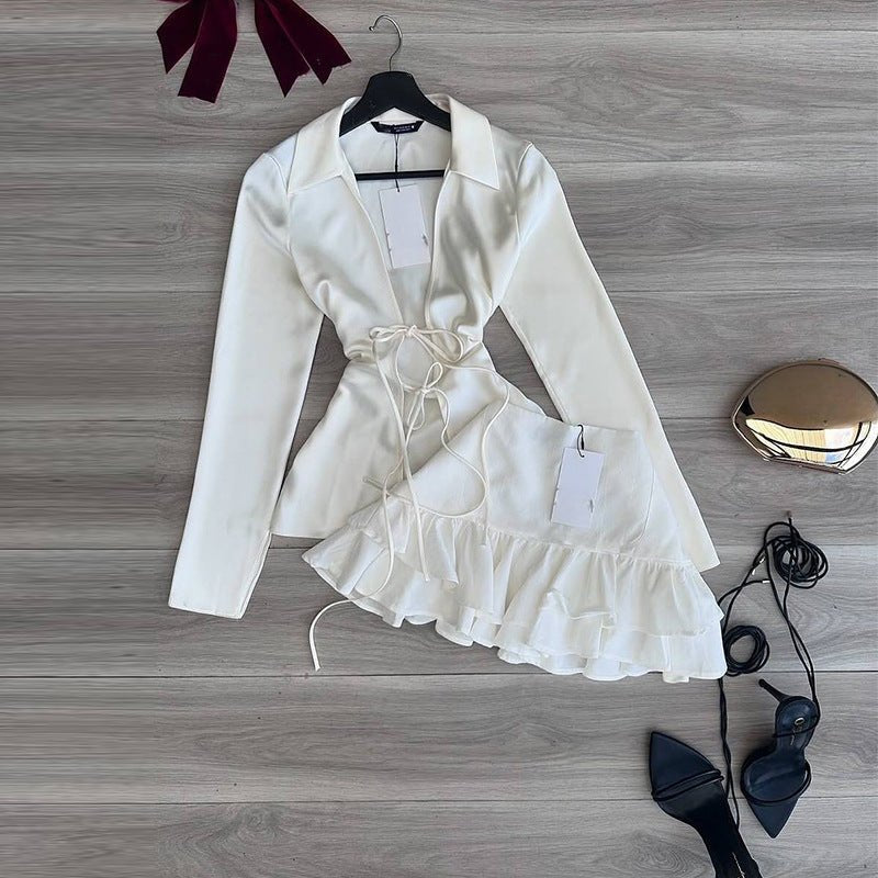 Stylish Women Lapel Tie Shirt Ruffle Skirt Set in white with a modern design and elegant silhouette