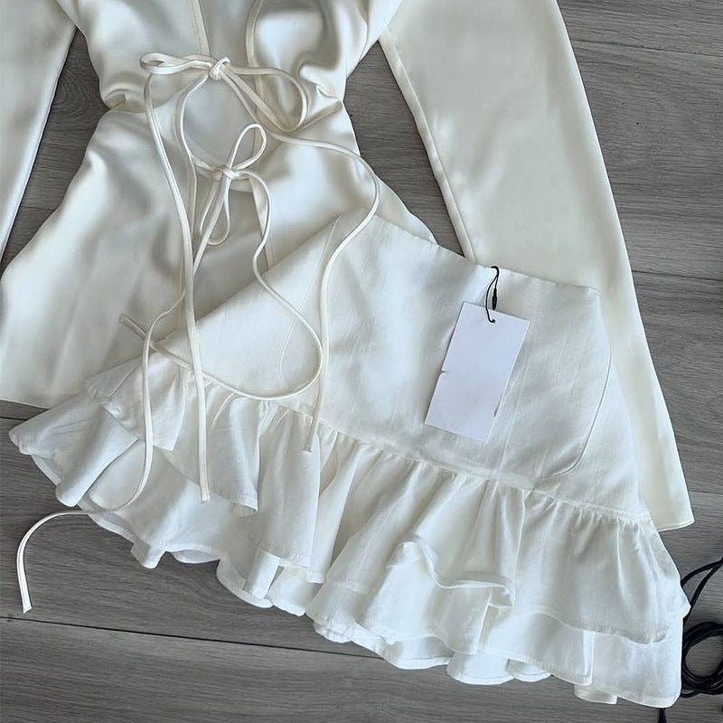 Elegant Women Lapel Tie Shirt Ruffle Skirt Set in White, perfect for stylish occasions and casual outings