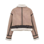 Women Retro Motorcycle Style Short Fur Jacket featuring a stylish design and soft fur lining in beige
