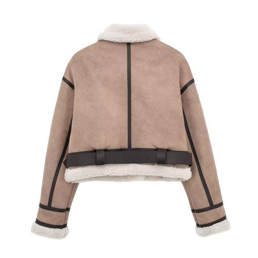 Women Retro Motorcycle Style Short Fur Jacket featuring a stylish design and soft fur lining in beige