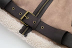 Close-up of Women Retro Motorcycle Style Short Fur Jacket featuring a buckle and zipper detail