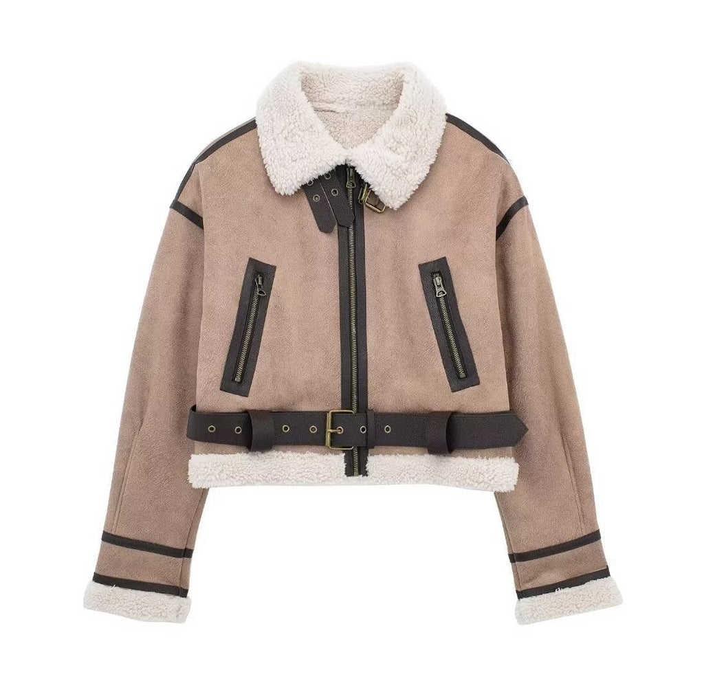 Women Retro Motorcycle Style Short Fur Jacket with zippered pockets and a stylish belted design