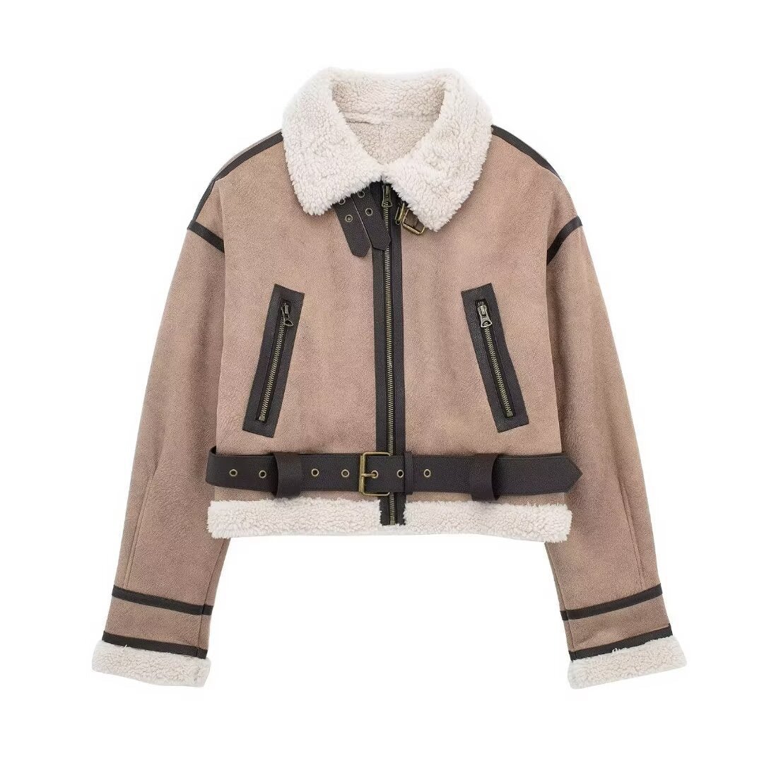 Women Retro Motorcycle Style Short Fur Jacket with zippered pockets and a stylish belted design