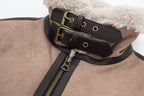 Close-up of Women Retro Motorcycle Style Short Fur Jacket with buckle and zipper details