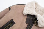 Women Retro Motorcycle Style Short Fur Jacket with a cozy faux fur collar and stylish zipper detail