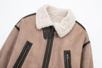 Women Retro Motorcycle Style Short Fur Jacket with a cozy collar and zippered pockets