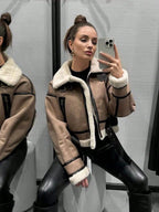 Women Retro Motorcycle Style Short Fur Jacket in brown with contrasting black details and cozy lining