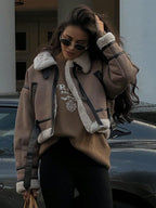 Women Retro Motorcycle Style Short Fur Jacket with stylish design, paired with casual outfit and sunglasses