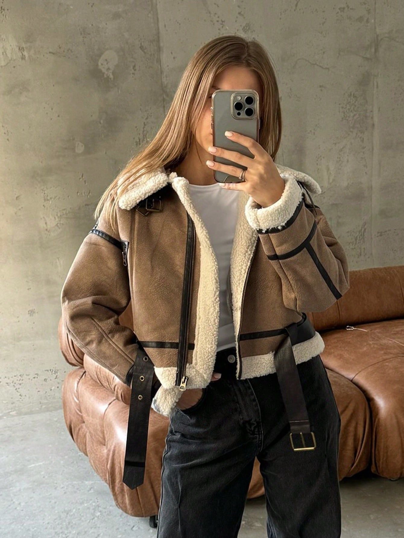 Women Retro Motorcycle Style Short Fur Jacket with Buckle Straps and Cozy Lining