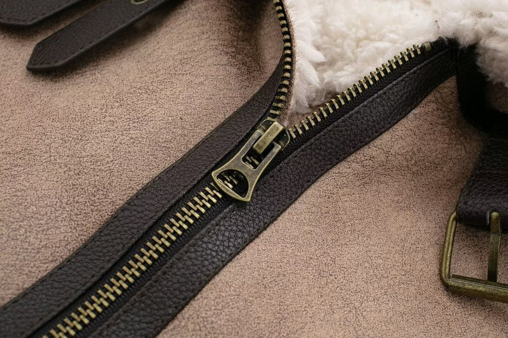 Close-up of Women Retro Motorcycle Style Short Fur Jacket showing zipper detail and plush inner lining