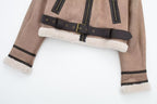 Women Retro Motorcycle Style Short Fur Jacket with a belted waist and cozy faux fur trim