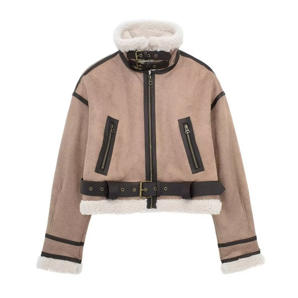 Women Retro Motorcycle Style Short Fur Jacket in Brown with Zipper Closures and Belted Waist