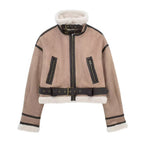 Women Retro Motorcycle Style Short Fur Jacket in Brown with Zipper Closures and Belted Waist
