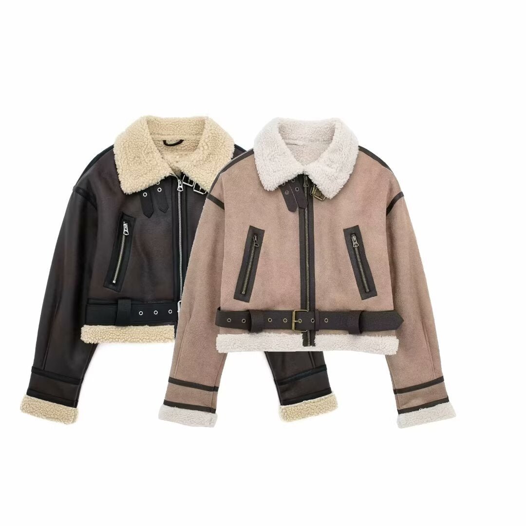 Women Retro Motorcycle Style Short Fur Jacket in Black and Brown with Stylish Collar and Zipper Details