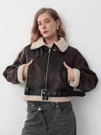 Women Retro Motorcycle Style Short Fur Jacket with a stylish belt and cozy collar for a trendy look