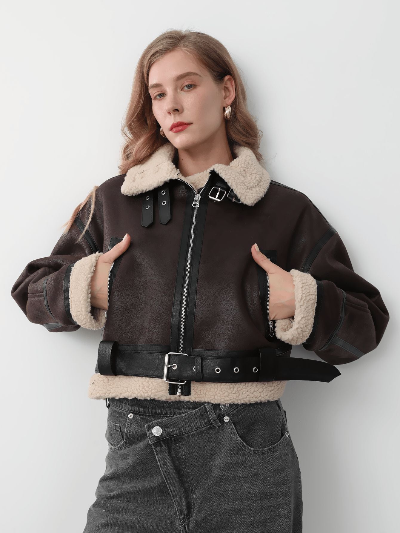 Women Retro Motorcycle Style Short Fur Jacket with a stylish belt and cozy collar for a trendy look