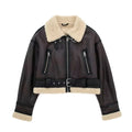 Women Retro Motorcycle Style Short Fur Jacket with Zipper Pockets and Adjustable Belt