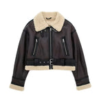 Women Retro Motorcycle Style Short Fur Jacket with Zipper Pockets and Adjustable Belt