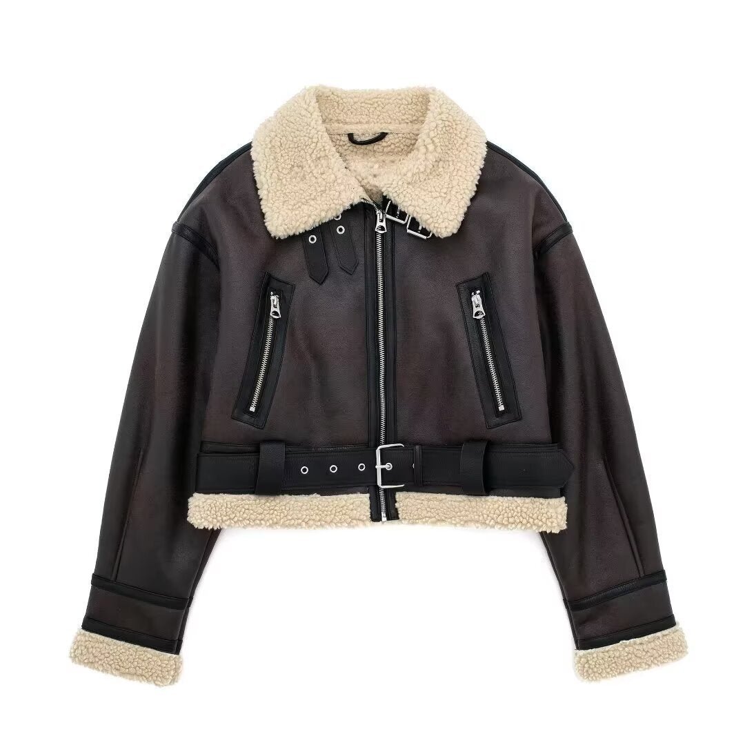 Women Retro Motorcycle Style Short Fur Jacket with Zipper Pockets and Adjustable Belt