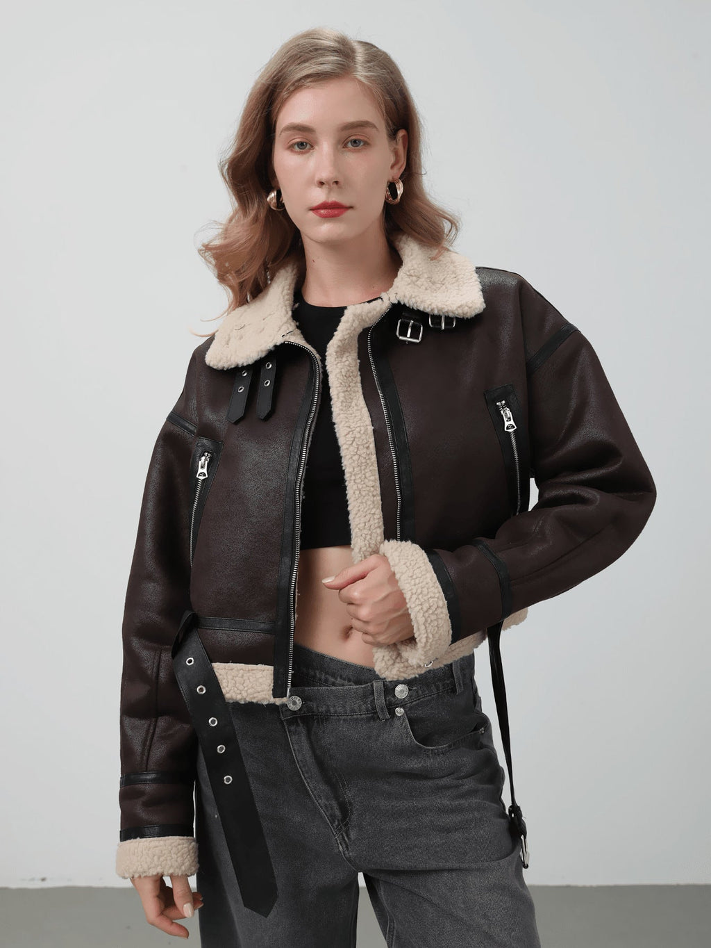 Women Retro Motorcycle Style Short Fur Jacket in Dark Brown with Faux Fur Collar and Buckle Details