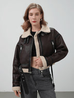 Women Retro Motorcycle Style Short Fur Jacket in Dark Brown with Faux Fur Collar and Buckle Details